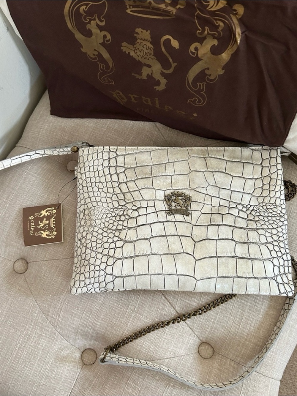 Pratesi Firenze White (Bone) Leather Croc-Embossed Chain Crossbody Bag - Italy